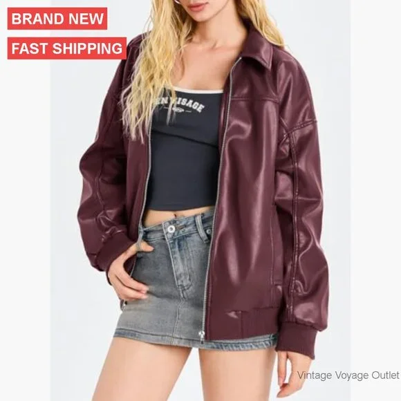 Oversized Faux Leather Bomber Jacket Zip Up Moto Biker Coat